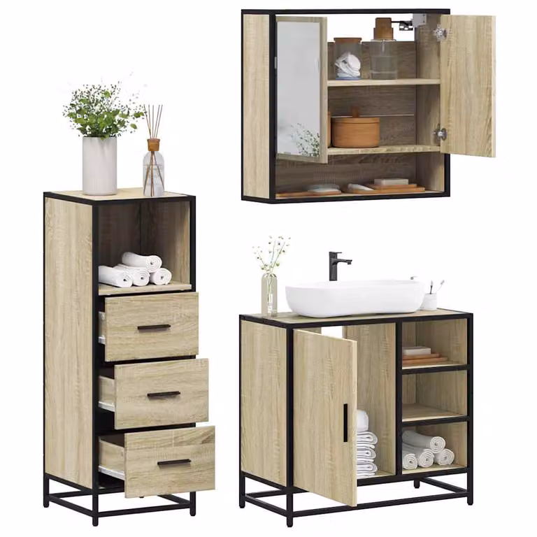 Set di mobili da bagno industrial vidaXL in legno e metallo, 3 pezzi, colore beige e marrone, L/P/H: 65 x 20 x 60 cm