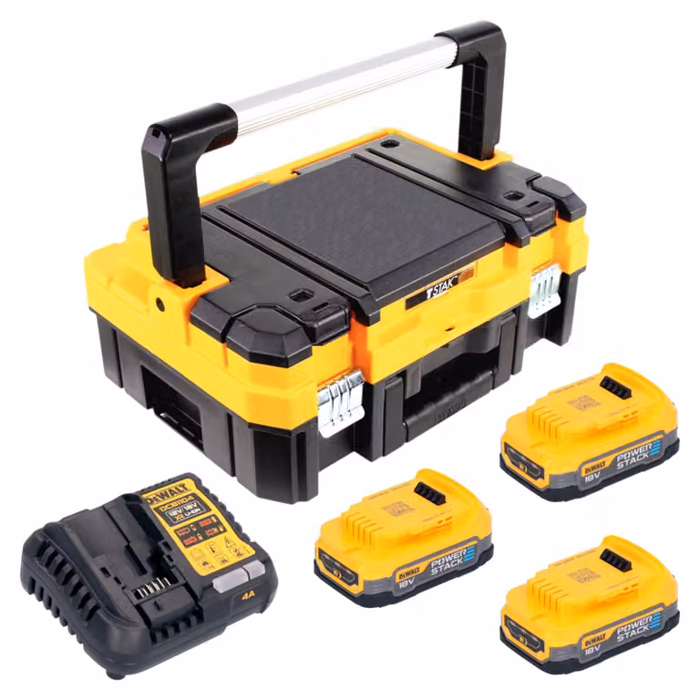 Set di avviamento a batteria DeWalt DCB 1104 E3T da 18 V con 3 batterie Powerstack da 1,7 Ah + caricabatterie DCB 1104 + TSTAK