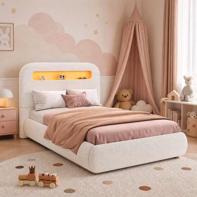 Letto singolo imbottito con contenitore idraulico LED controllata da app bouclé bianco rete a doghe