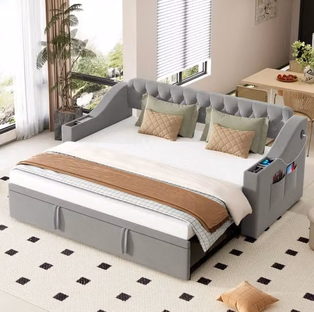 Divano letto imbottito ULEVR 90x190 cm, trasformabile in letto 180x190 cm, grigio con vani contenitore e USB