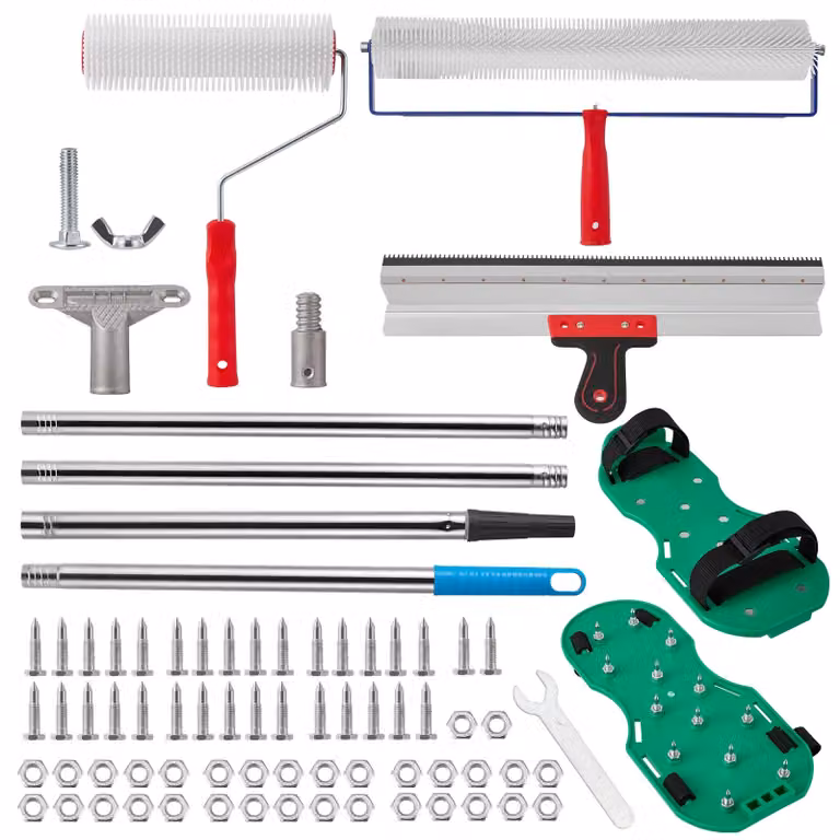 Set di strumenti per pavimenti autolivellanti - Set di strumenti per pavimenti in cemento - Rullo a spine e spatola dentata - Denti da 13 mm - Materiale: plastica - Colore: verde
