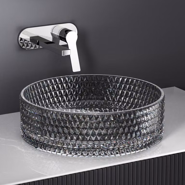 EMKE Lavabo da appoggio Vetro rotondo - Grigio trasparente 36 x 36 x 11,2 cm Lavabo di design di alta qualità per il bagno e il WC degli ospiti Lavandino
