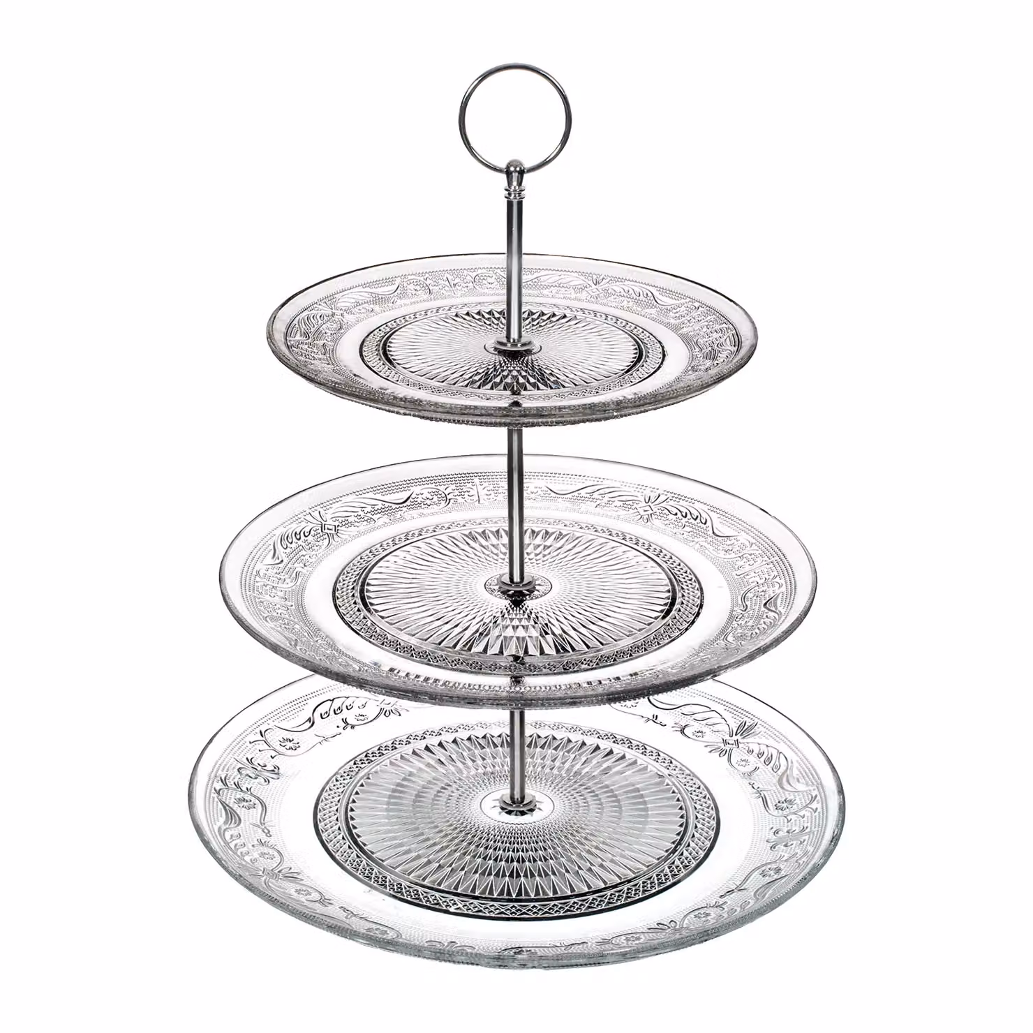 Alzata 3 Piani in Vetro Trasparente Gusto Casa per Dessert e Patisserie, H: 34,5 cm, Diametri: 20-25-29 cm