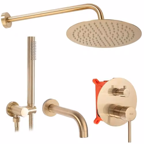 Rea - Lungo Brush Gold Set Doccia-Vasca Da Incasso + Box Doccia In Ottone Per Bagno (Oro) 38,5x16x16cm
