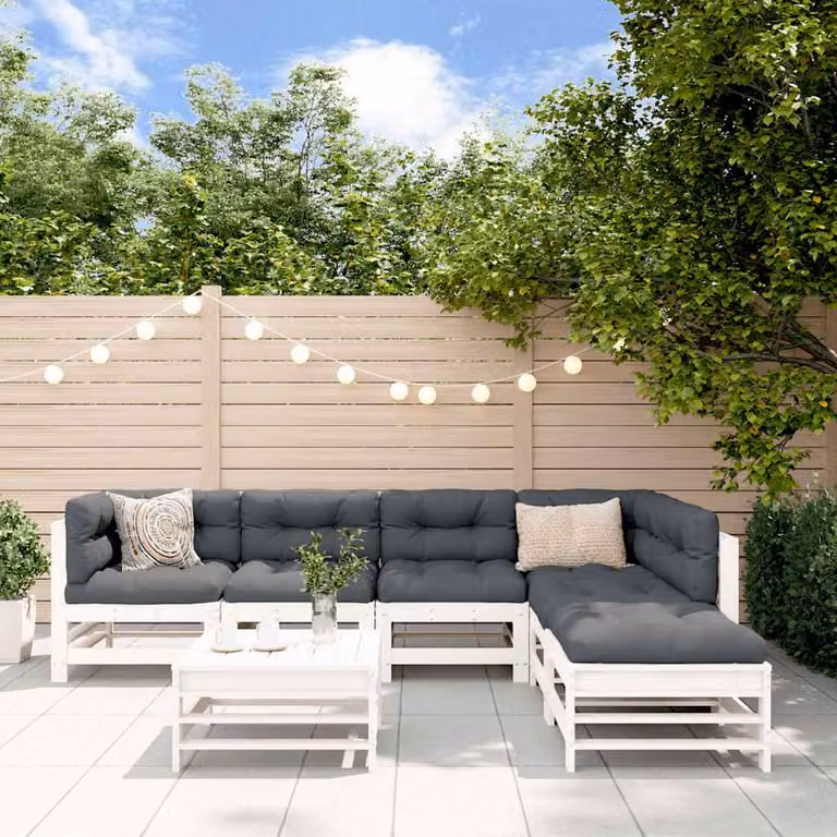 vidaXL Set Salotto da Giardino a L in Legno di Pino con Cuscini, 7 Pezzi, Marrone e Bianco
