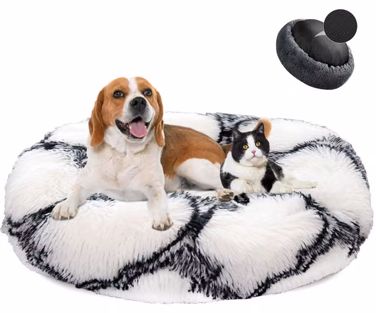 Cuccia per cani a forma di ciambella, in peluche, lavabile, morbida, diametro 40 cm, colore bianco o nero