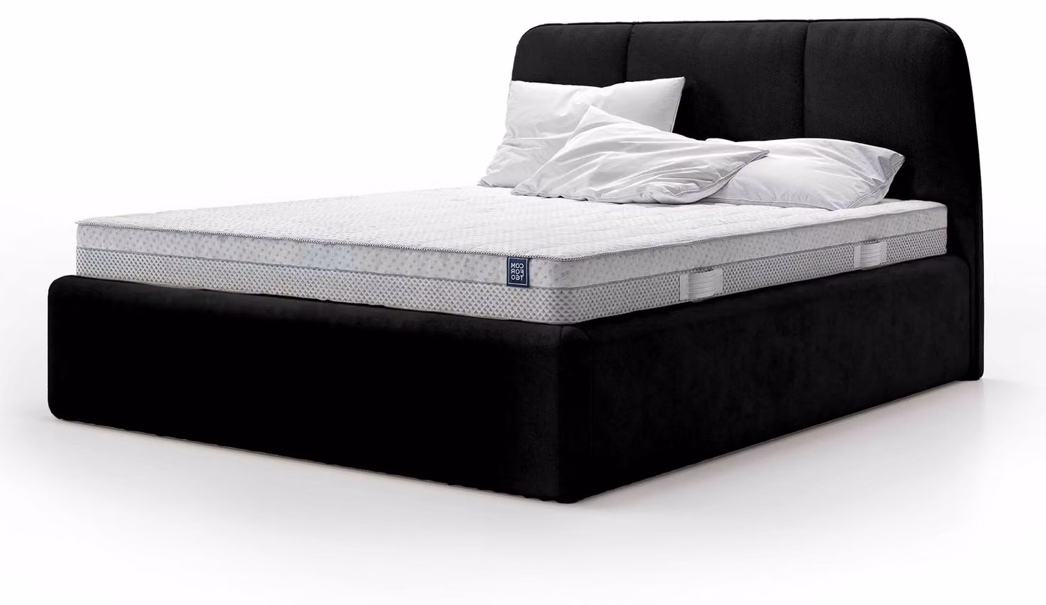 Letto imbottito con contenitore integrato, modello Elle, colore nero profondo, dimensioni 140 x 200 cm