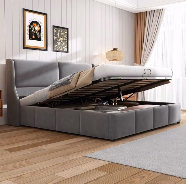 Letto matrimoniale 180x200 cm con contenitore idraulico; testiera a orecchie in velluto; grigio