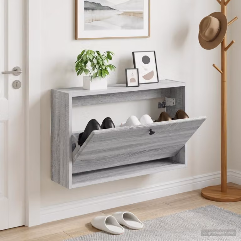 vidaXL Mobiletto per Scarpe da Muro BREDA Moderno in MDF e Metallo, L/P/H: 71 x 17 x 43 cm, Grigio e Nero