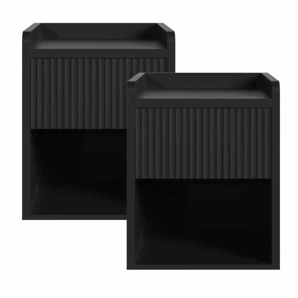 Set di 2 Comodini Nand en.casa con Cassetto e Vano Aperto, Nero Opaco, L 55 cm x P 49 cm x H 39 cm – 2