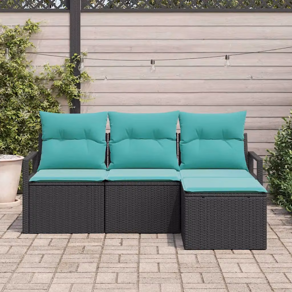 Set di divani da giardino vidaXL a forma di L con pouf, colore nero e cuscini turchesi, struttura in polyrattan e metallo con tessuto resistente ai raggi UV