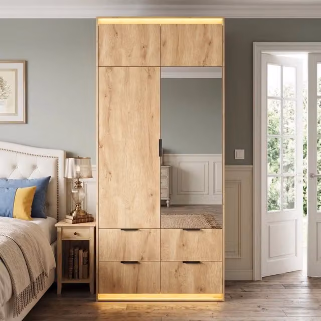 Armadio 2 ante 90 x 47 x 200 cm; specchio; illuminazione LED; 1 asta appendiabiti; 4 cassetti; ante a battente; antracite/rovere