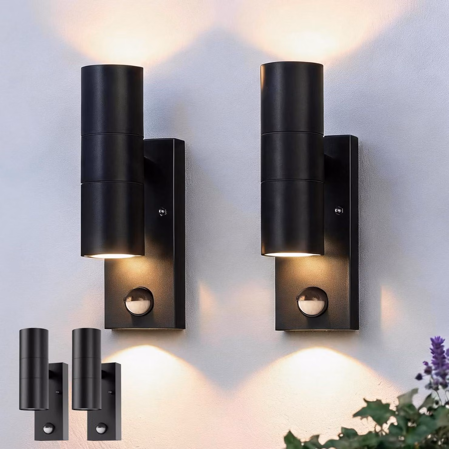 Set di 2 luci da esterno per pareti, con sensore PIR, grado di protezione IP44, alluminio nero, attacco GU10