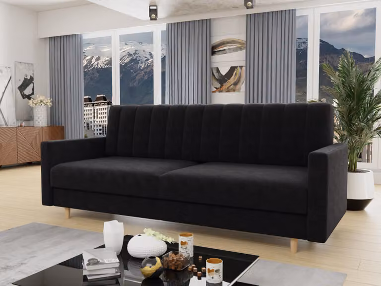 Divano letto Sara - Divano con contenitore e funzione letto, divano letto, divano letto con piedini in legno, velluto (nero (Kronos 07))