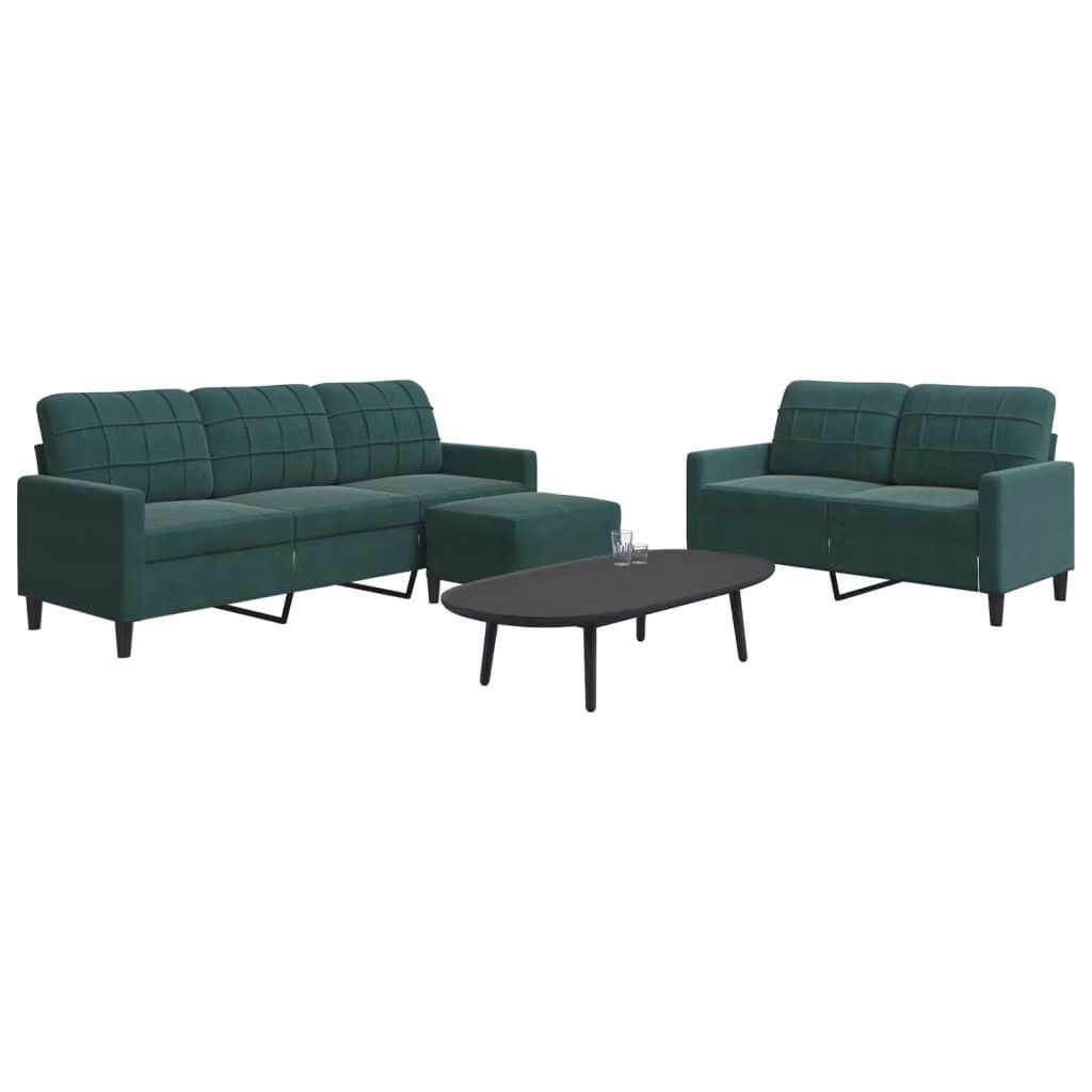 Set di Divani 3 Pezzi vidaXL in Velluto Verde con Pouf e Cuscini, Design Moderno con Struttura in Metallo – 1