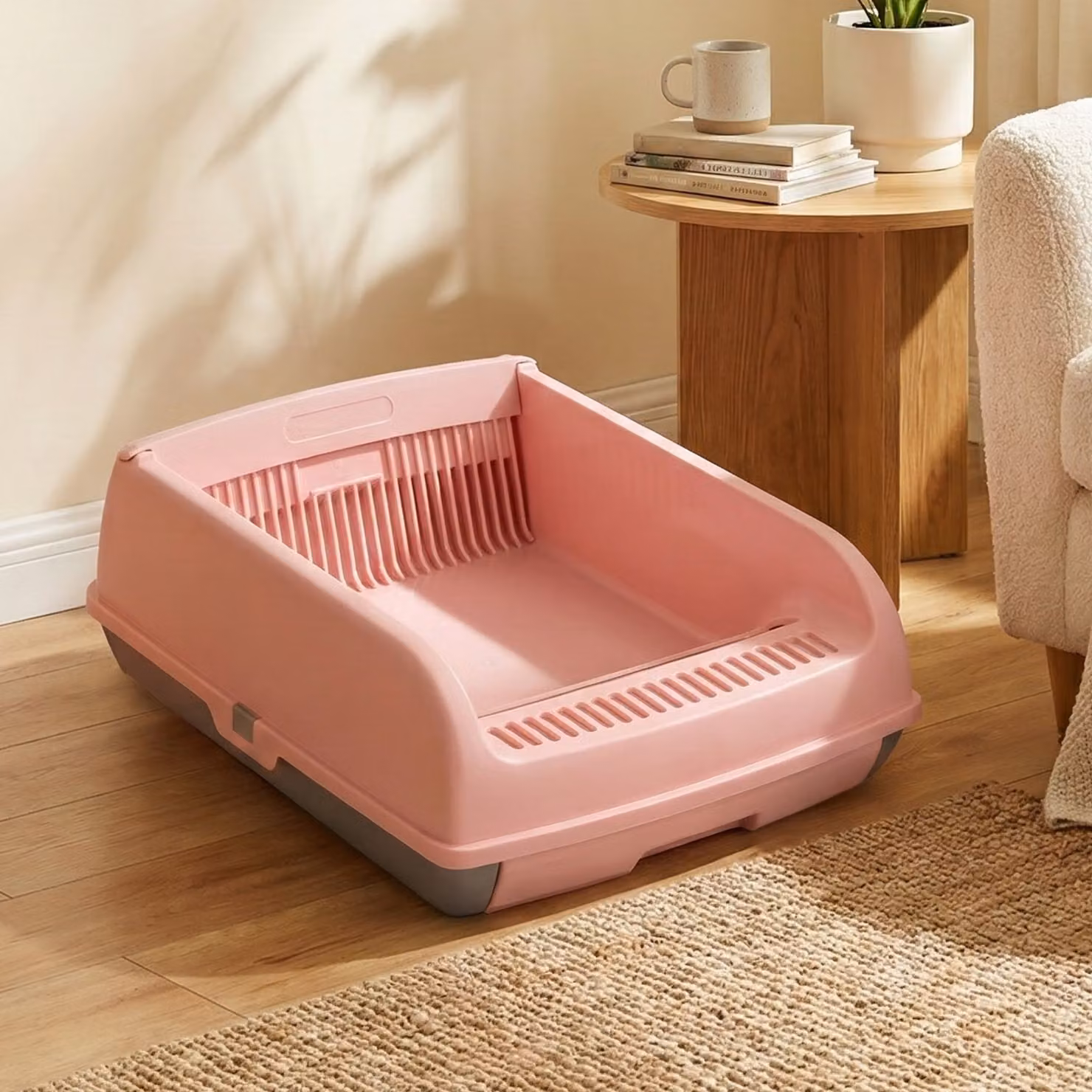 Lettiera per gatti semi-automatica Costway con tetto aperto antischizzo, toilette con vassoio estraibile e paletta a pedale, Rosa