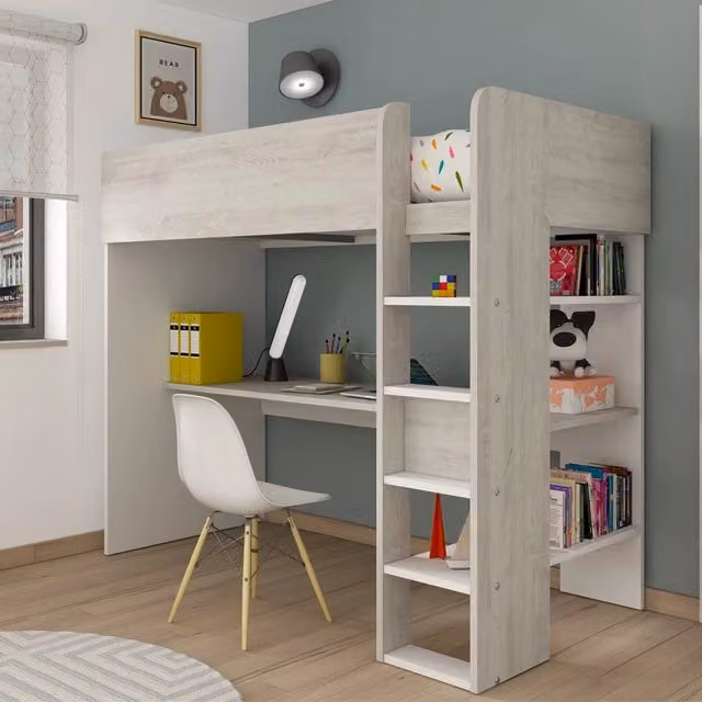 Letto a soppalco singolo moderno con scrivania e scala per cameretta dei bambini, colore bianco, L: 206 cm, P: 110 cm, H: 176 cm