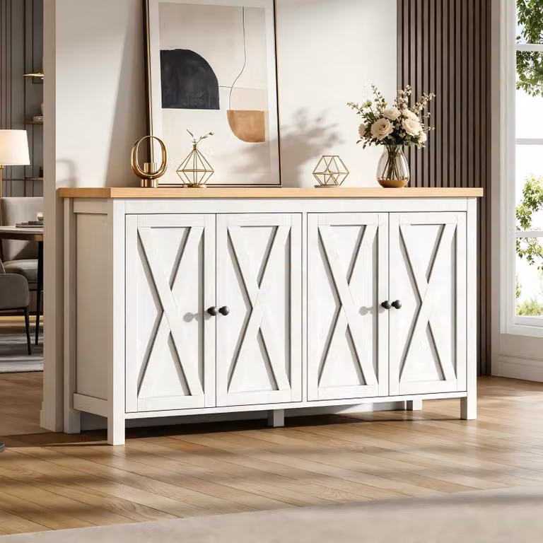 Credenza Merax con 4 ante e ripiani regolabili, cassettiera con maniglie rotonde nere, mobile contenitore multifunzionale in MDF, bianco