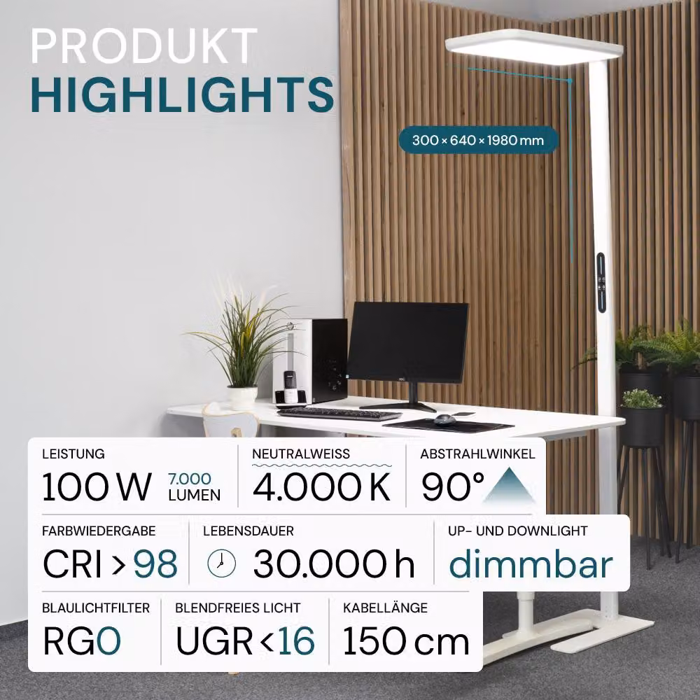 LUXULA Lampada da terra per ufficio a LED, EEK: G, 100W, 7000lm, 4000K, bianco