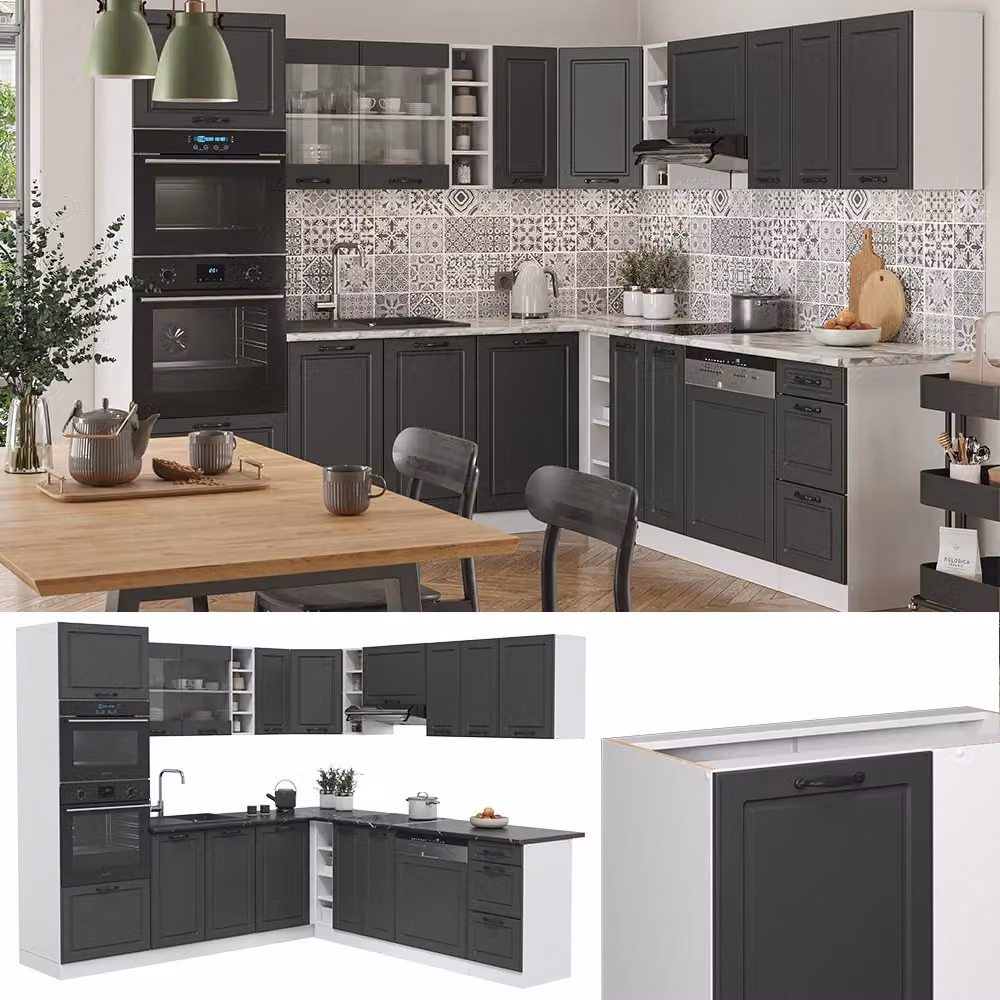 Cucina angolare completa R-Line Vicco colore Antracite e Bianco con finitura opaca e ante in vetro, L/P/H: 247 x 237 x 85 cm (senza piano di lavoro) – 2