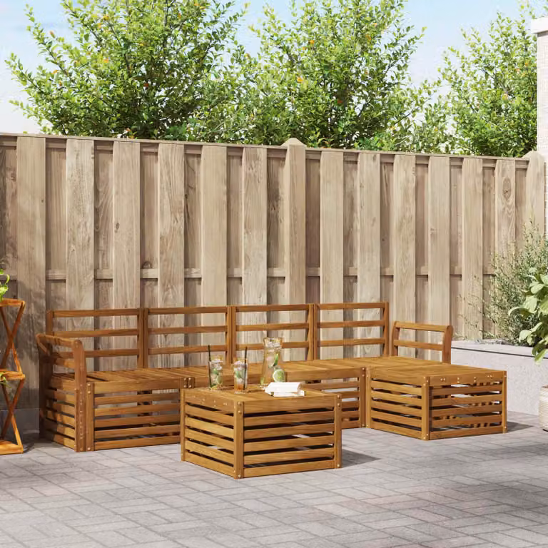Set di divani da esterno vidaXL a forma di L in legno di acacia con cuscini, colore marrone e bianco