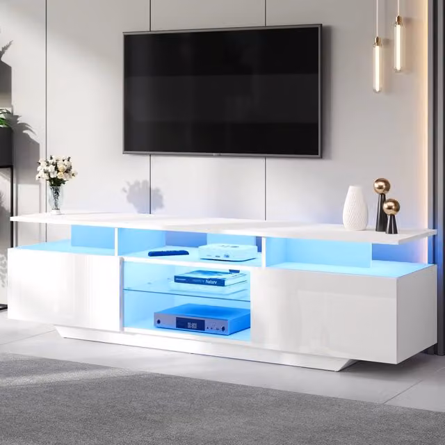Mobile TV 160 x 40 x 45 cm con LED; 8 ripiani; MDF bianco