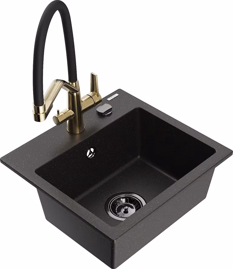 Mexen Milo lavello in granito a 1 vasca con miscelatore cucina Duo, nero/oro metallizzato - 6505-75-671701-57-B