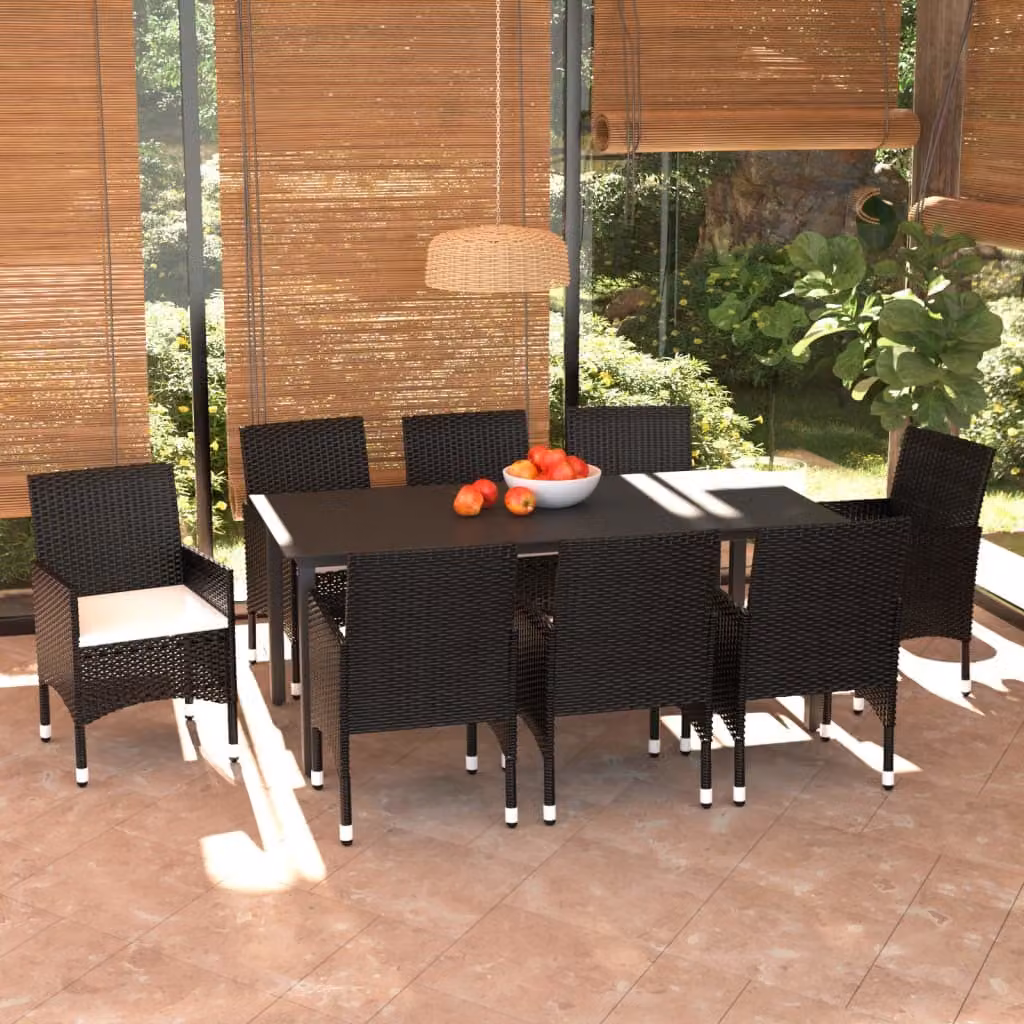 The Living Store Set da pranzo da giardino 9 pezzi con cuscini in poly rattan nero