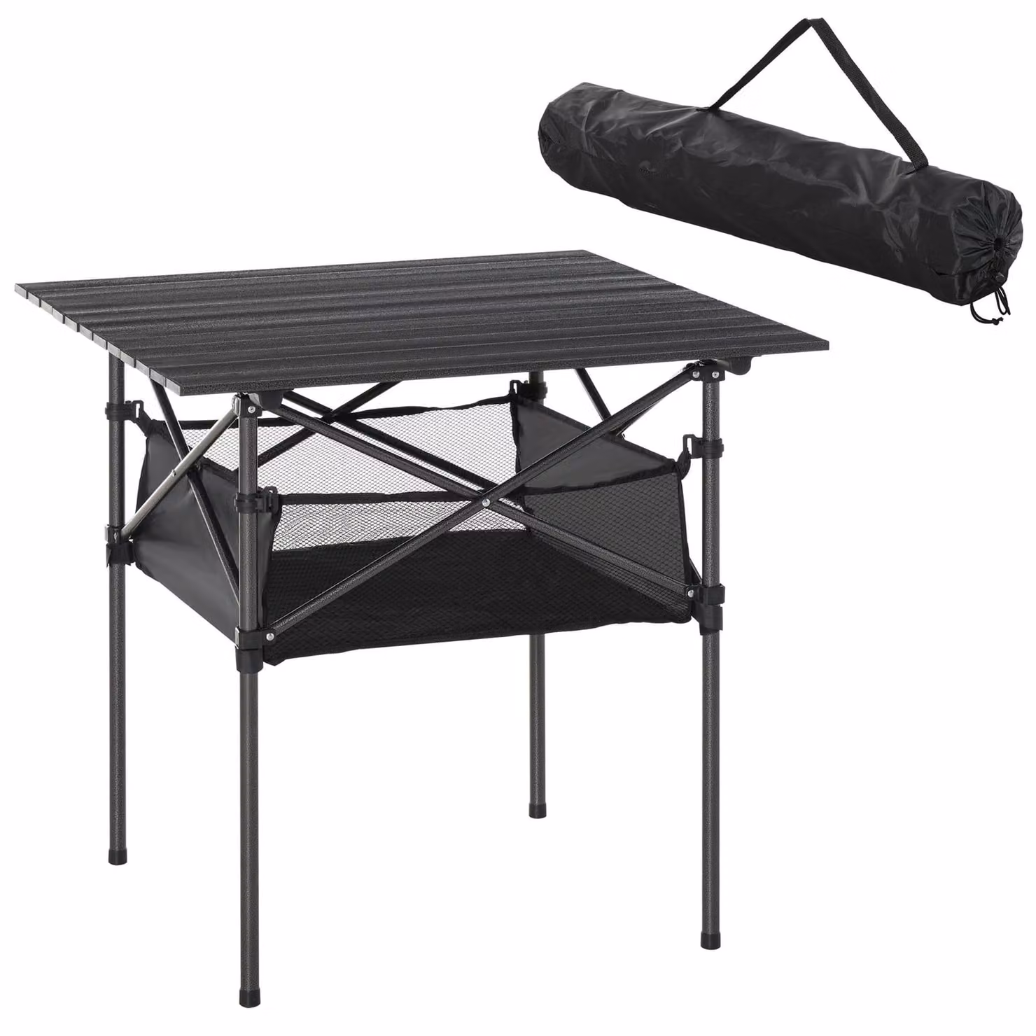 Tavolino pieghevole Moonbite per campeggio e mercati, con piano in alluminio arrotolabile, tasca a rete per lo stoccaggio, struttura verniciata a polvere, alluminio, colore grigio