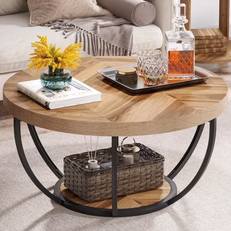 Tavolino da caffè rotondo in stile industriale, con struttura in metallo e piano in legno effetto venatura, a due livelli, dimensioni 80x80 cm