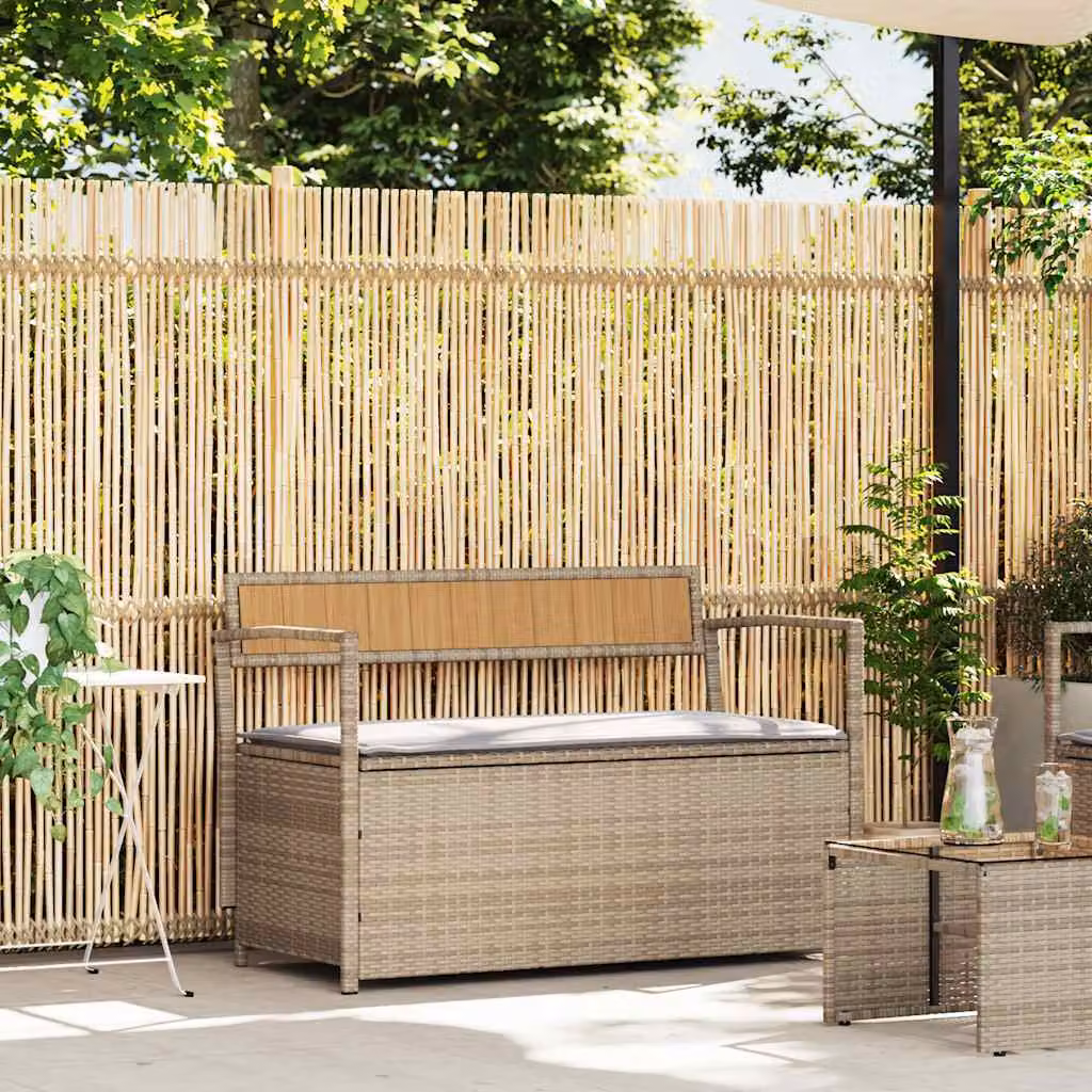 vidaXL Panca Portaoggetti da Giardino in Polyrattan con Cuscini Beige e Grigio L/P/H: 111.5 x 54.0 x 41.5 cm