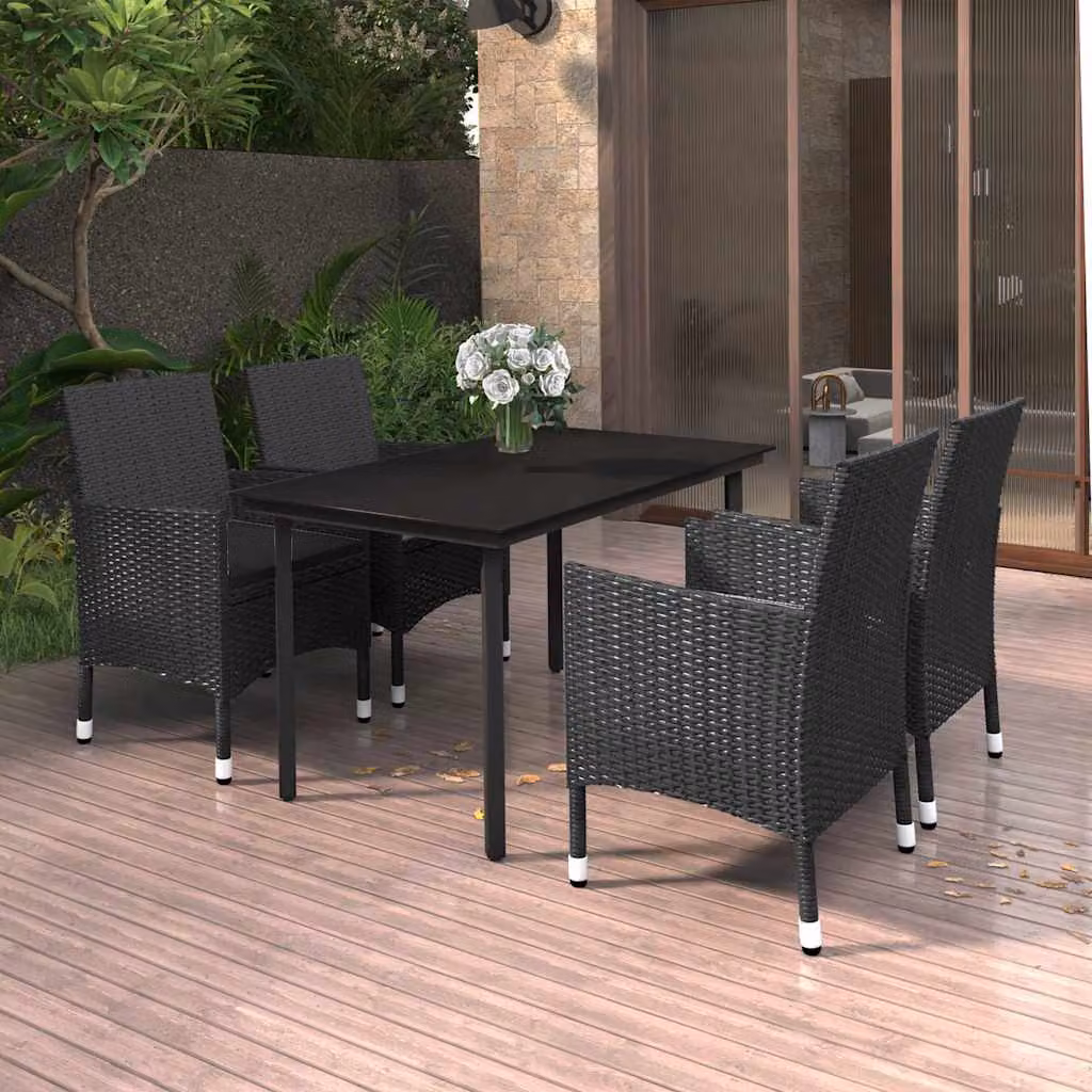 Set da pranzo da giardino vidaXL in polyrattan nero con tavolo in vetro e 5 sedie con cuscini