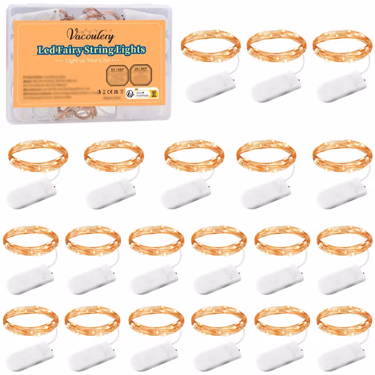 Catena luminosa, set da 20 elementi, lunghezza 1 metro, 10 LED, luce bianco caldo, alimentazione a batteria