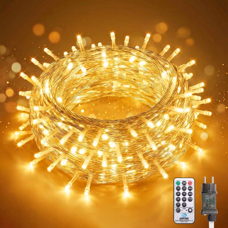 SALCAR, catena luminosa LED da 20 metri, modello 300, ideale per decorazioni natalizie, con telecomando. Catena luminosa da esterno, alimentata a corrente, con 8 modalità di illuminazione, timer e funzione di memorizzazione. Grado di protezione IP44, resi