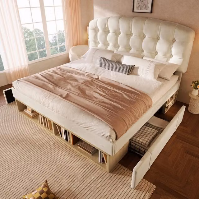 Letto Contenitore Matrimoniale Imbottito in Velluto ¨C MINIMAL ¨C Beige 140x200 con Cassetti e Testiera