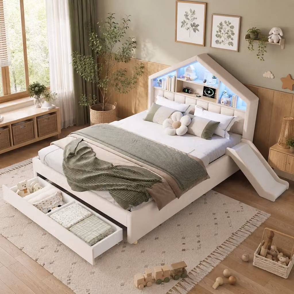 Letto per bambini moderno imbottito in velluto beige con scivolo, illuminazione LED, porta USB, mensola e contenitore, L/P/H: 200 x 140 x 128 cm – 2