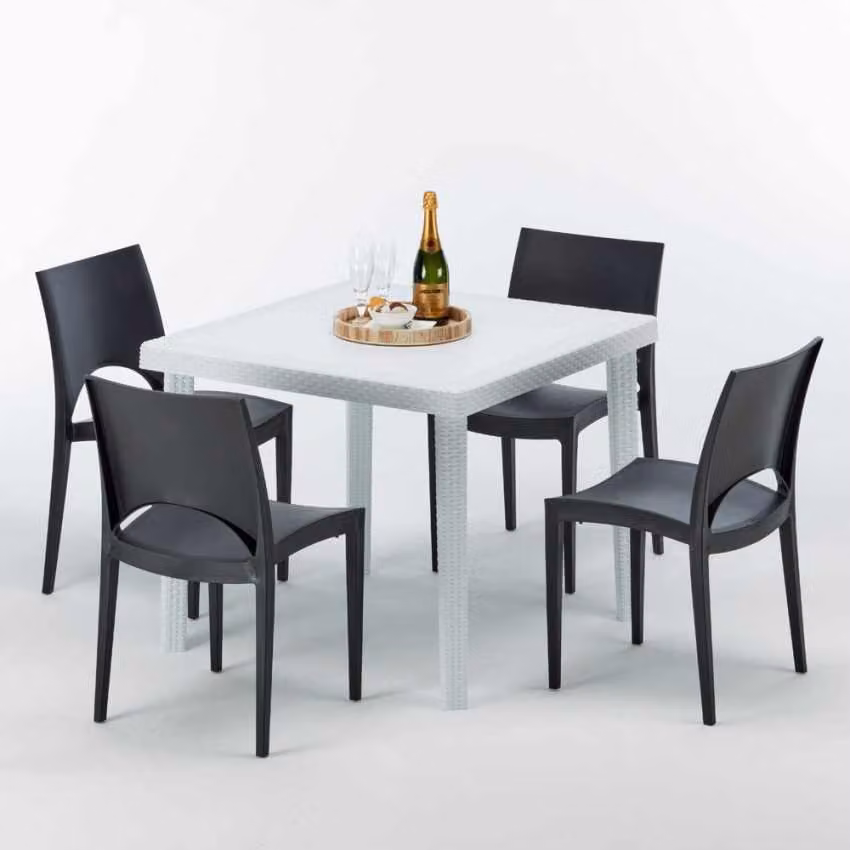 Tavolo quadrato bianco e 4 sedie in polipropilene colorato per esterni Grand Soleil Paris Love - Nero