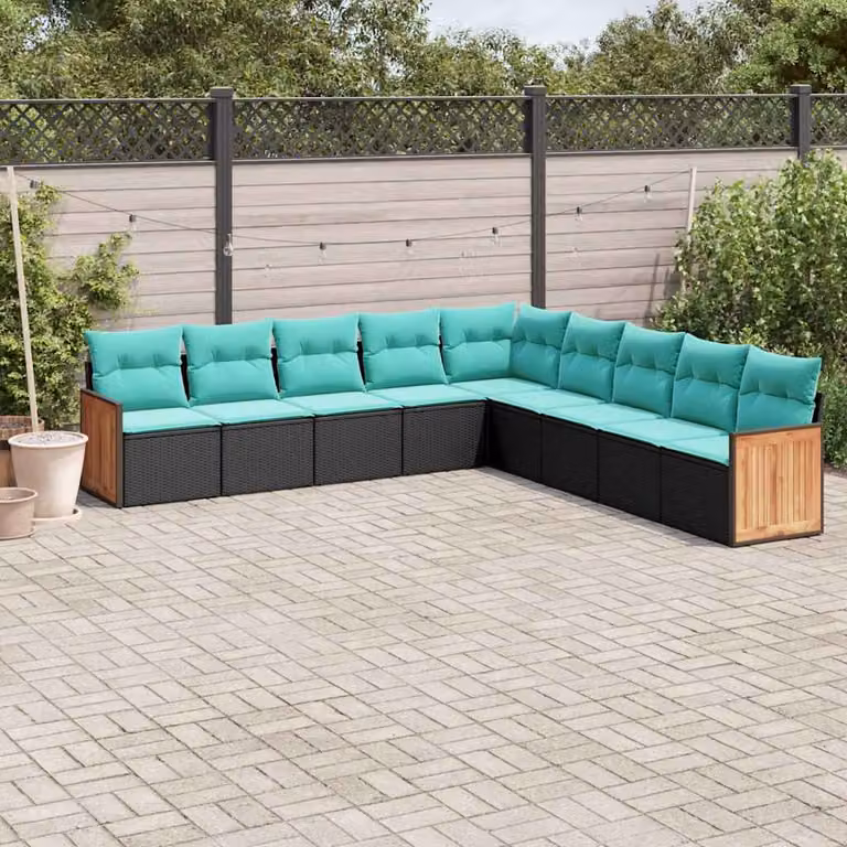 Set di divani da giardino vidaXL a forma di U in polyrattan con cuscini, nero, blu e turchese