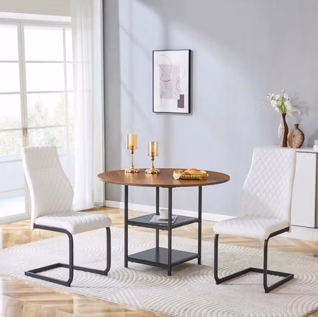 Tavolo da pranzo rotondo 107 cm MDF noce metallo con 2 sedie bianche