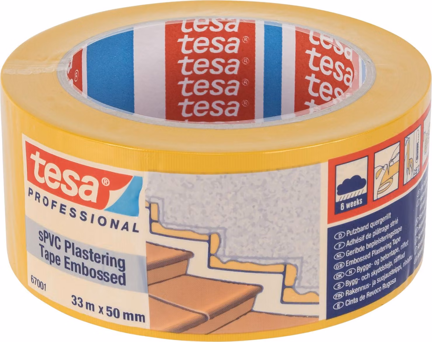 Nastro per intonaco Tesa, sPVC 33 m x 50 mm con scanalatura trasversale giallo 67001