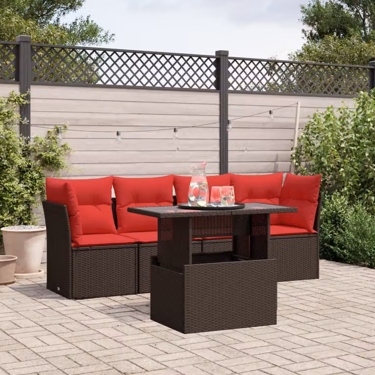 Set Divani da Giardino vidaXL 5 Pezzi in Polyrattan Marrone con Cuscini e Tavolino, Design Moderno a L per Terrazza e Giardino