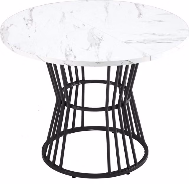 Tavolo da pranzo rotondo moderno con piano in MDF laminato lucido e struttura in metallo, Bianco e Nero, L: 100 cm, P: 100 cm, H: 75 cm