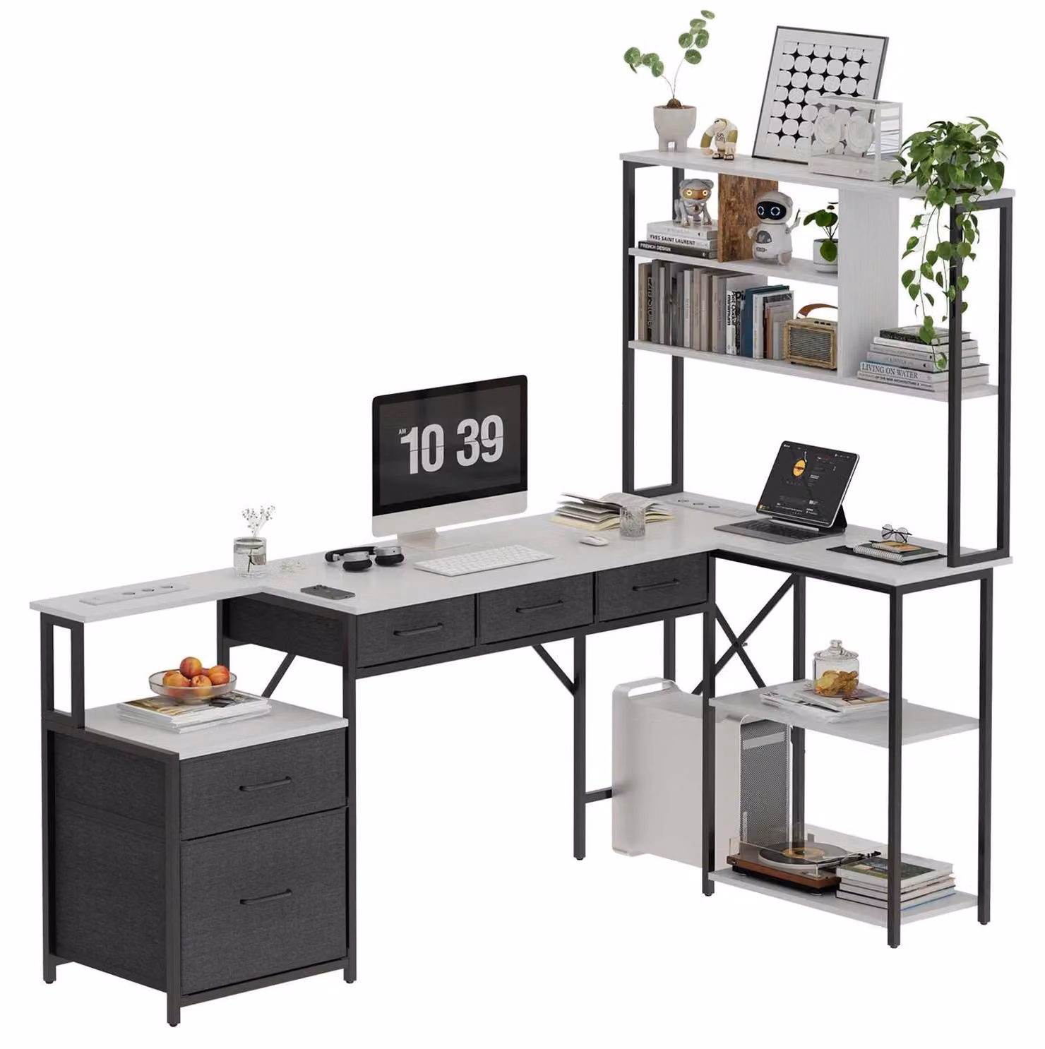 AIORBER: scrivania angolare a L con mensola per monitor e presa multipla, scrivania per computer con 4 cassetti per l'home office, scrivania da ufficio robusta, bianca