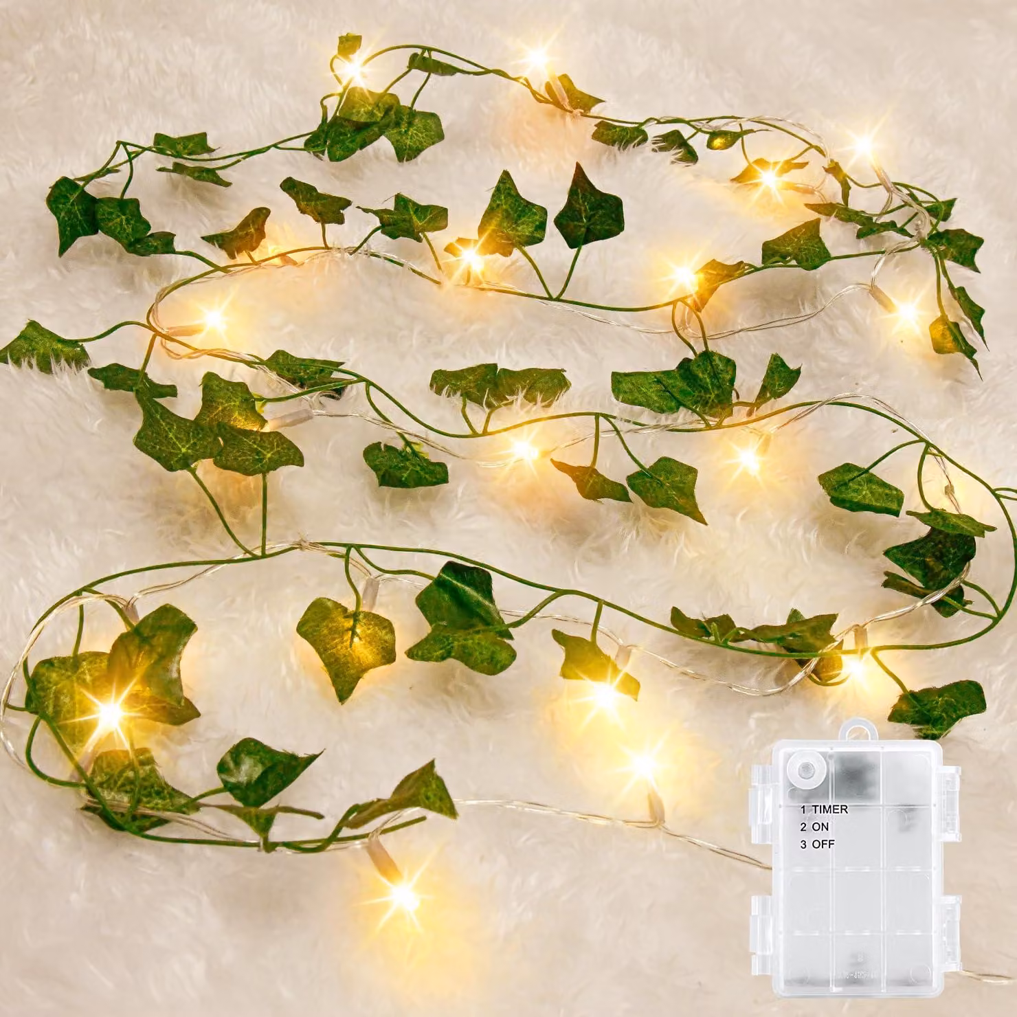 Catena luminosa a LED a forma di edera, 2 metri, 20 LED, verde, grado di protezione IP65, alimentazione a batteria