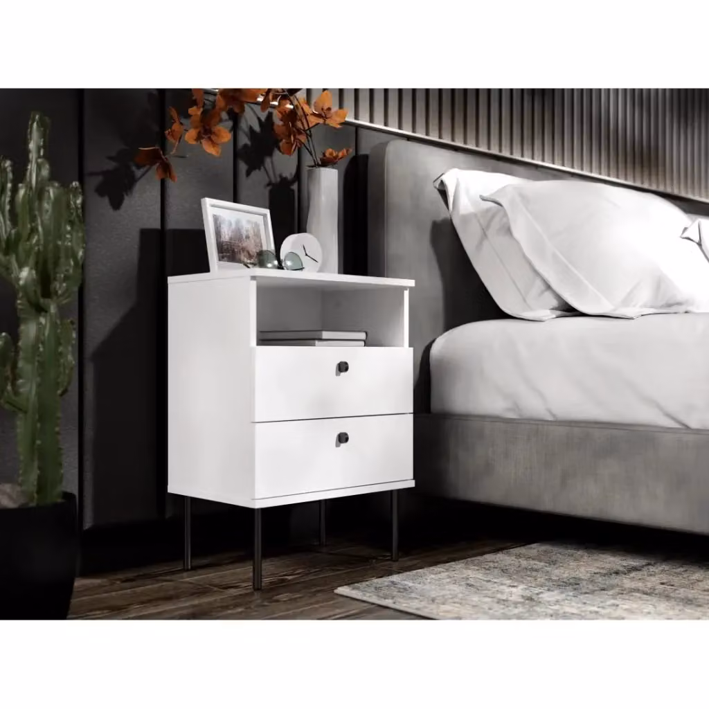 Tavolino da Notte Meublorama con 2 Cassetti e Nicchia, Colore Bianco e Piedi Neri, Stile Moderno – 2