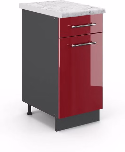 Mobiletto base per cucina Vicco Fame-Line Bordeaux lucido e Antracite con piano in marmo L/P/H: 40 x 60 x 82 cm – 1