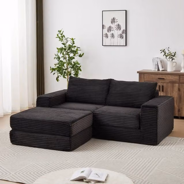 Divano letto modulare 194x169,5x74 cm nero, poggiapiedi rimovibile, velluto a coste,
