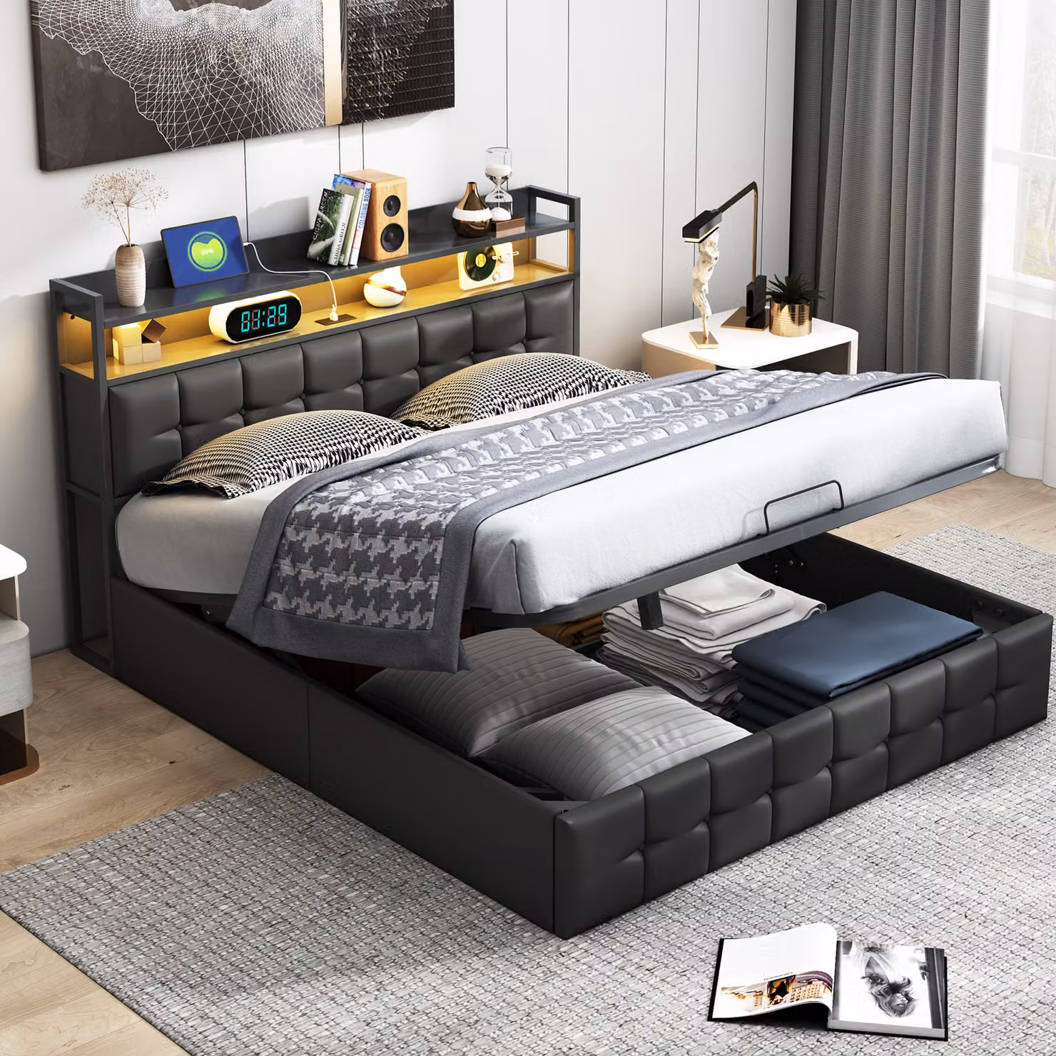 Letto imbottito CDGlobal letto matrimoniale 160x200cm, letto contenitore con testiera-USB C e vano contenitore, rete idraulica con doghe in metallo e giroletto, Pelle finta (nero, 160x200cm)