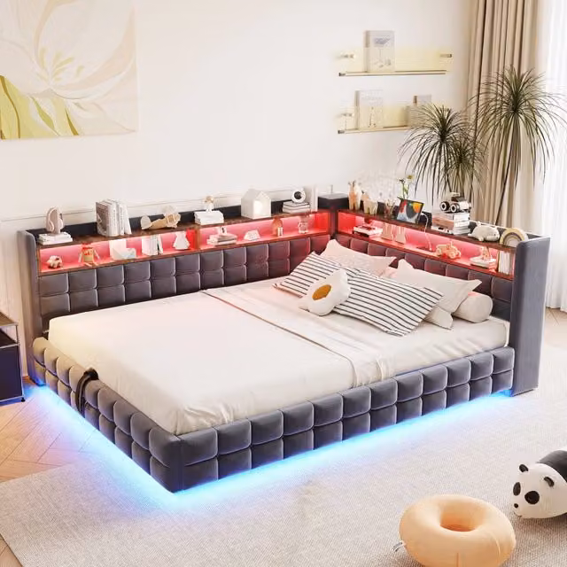 Letto imbottito 140x200 in velluto grigio con contenitore idraulico; mensole; LED e prese USB