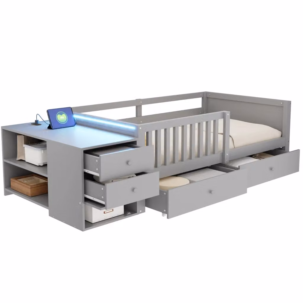 Letto a soppalco singolo Chicfurn con vano contenitore, cassetti e ripiani, illuminazione LED e porta USB, grigio, L/P/H: 90 x 200 cm – 2